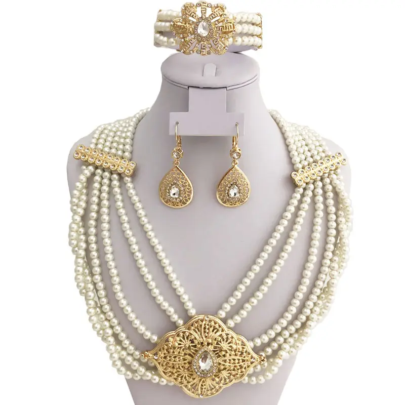 Accessoires de perles dorées pour mariée africaine Bijoux de mariage de luxe Alger/Algérie Collier fait main Boucle d'oreille Bracelet