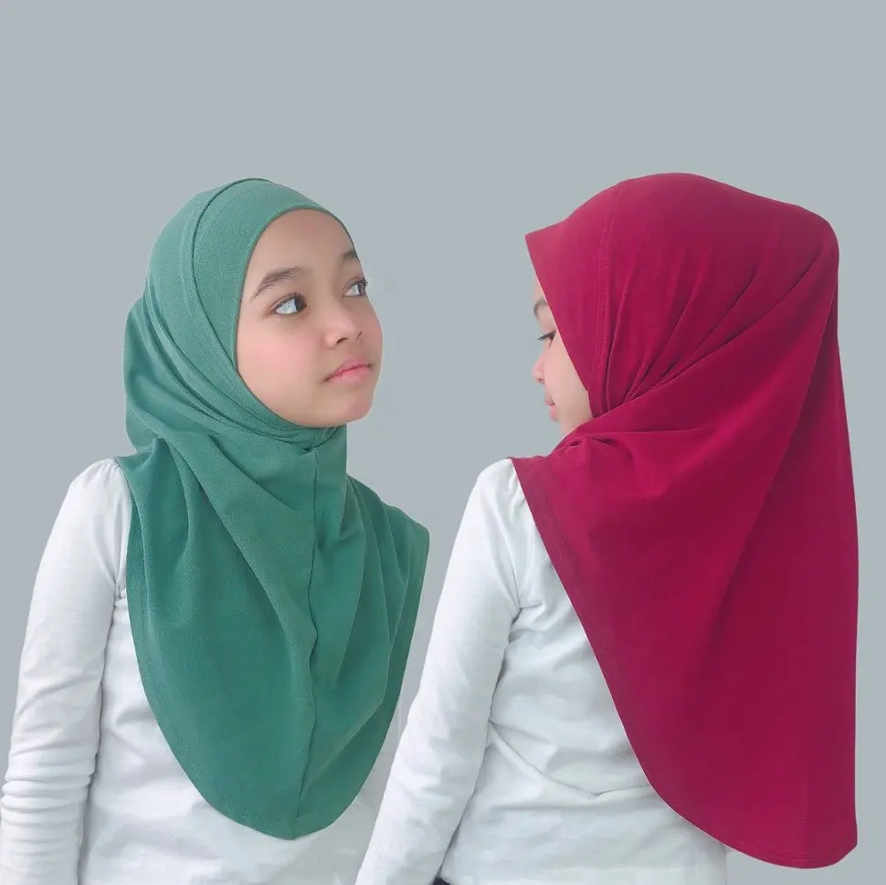 Оптовая продажа, малазийский однотонный эластичный хиджаб для маленьких девочек от 5 до 12 лет, Детская шапка-тюрбан, детский хиджаб