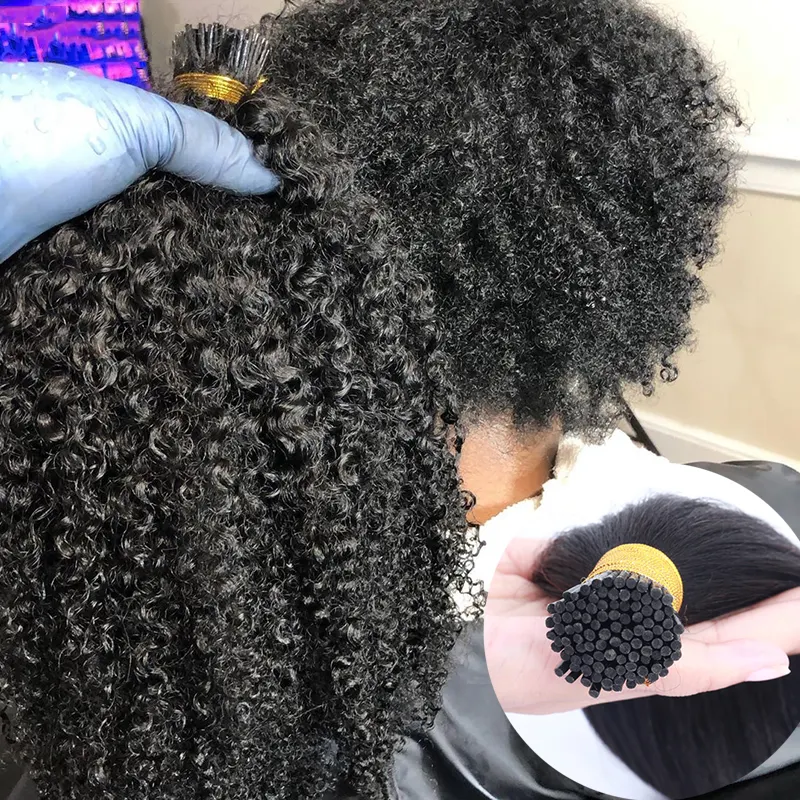 Microlinks-extensiones de cabello rizado Afro mongol para mujer, cabello virgen 3B 3C, extensiones de cabello humano con punta I, queratina negra