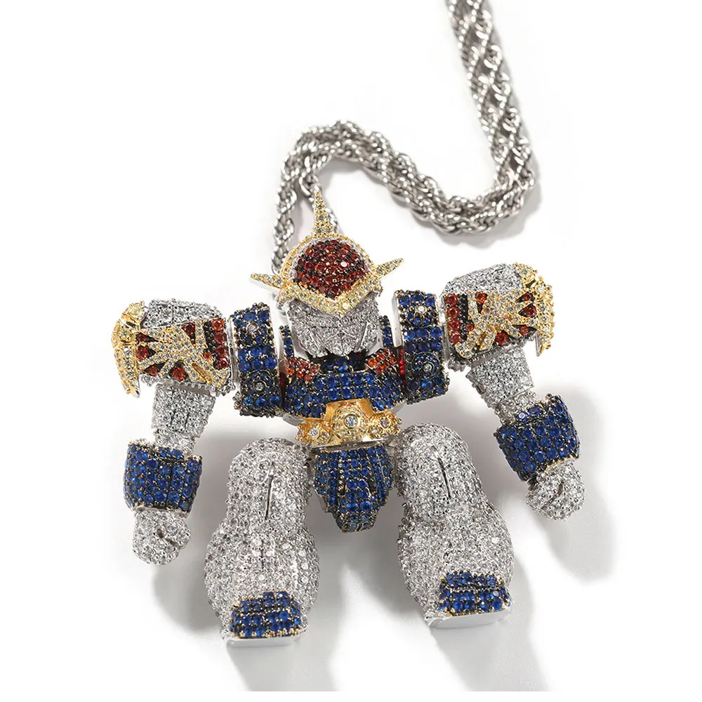 Kalung Hiphop berlian, CZ kuningan trendi berlian 18k perhiasan mewah untuk pria karakter kartun Robot 3D kalung liontin besar