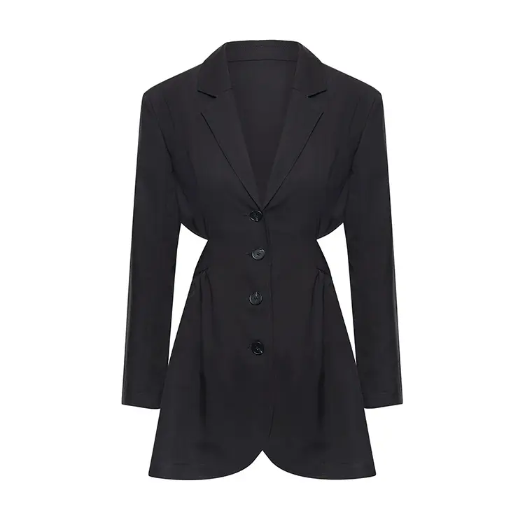 Ropa de mujer europea y americana Mini Blazer Vestido Espalda abierta Blazer Cintura Blazer Chaqueta larga No tejida Blanco y negro