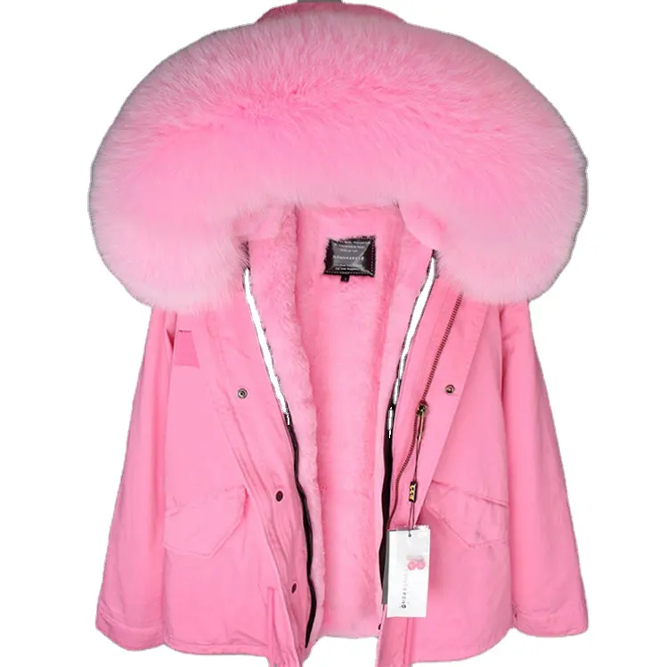 Trasporto di goccia donne alla moda Parka corto in pelliccia rosa cappotto in pelliccia di coniglio finto Rex di alta qualità grande collo in vera pelliccia di volpe