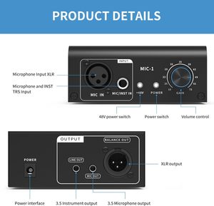 Preamplificador de micrófono XTUGA XIC1 para potenciador de micrófonos dinámicos y de condensador con 2 entradas Max 75db Gain 48V XLR Output - Product Image 6