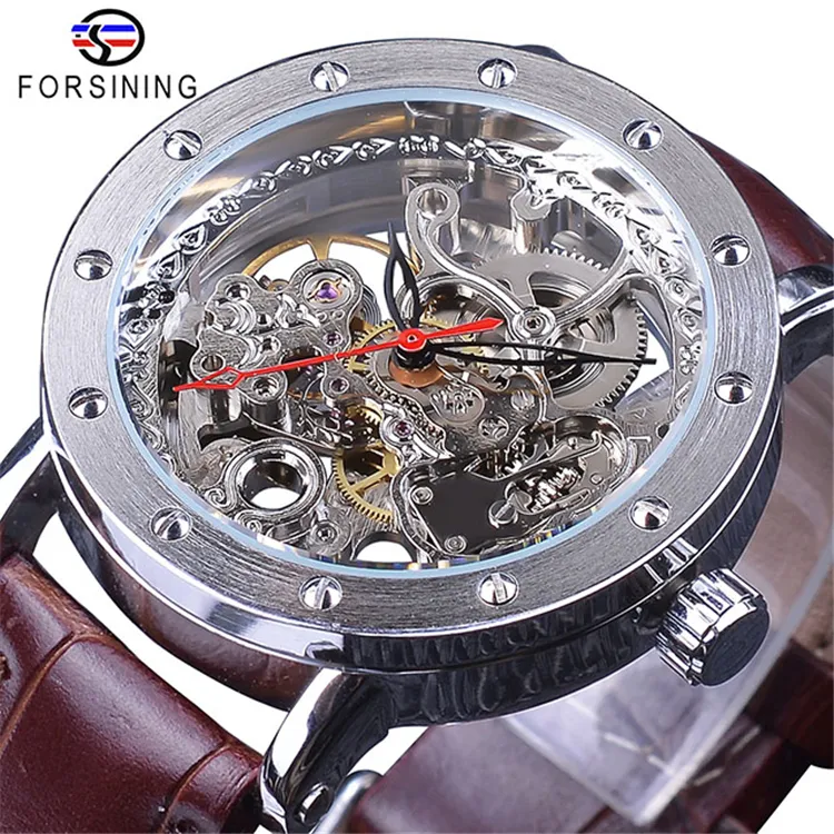 FORSINING GMT1081 Fashion Luxury Golden Watches Black Genuine Leather Band Open Work Clock Men's Automatic Watches