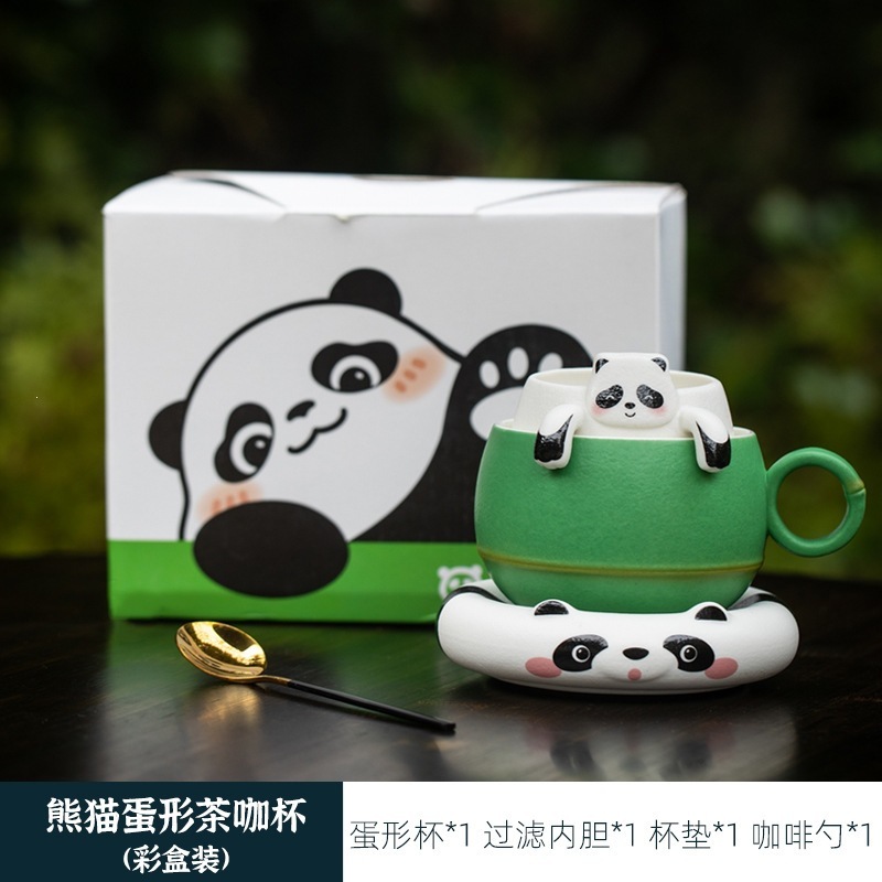 ถ้วยชาและกาแฟทรงไข่รูปแพนด้าในกล่องสีสันสดใส