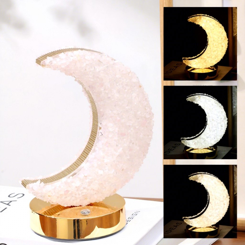 Luce notturna a forma di luna in quarzo rosa naturale