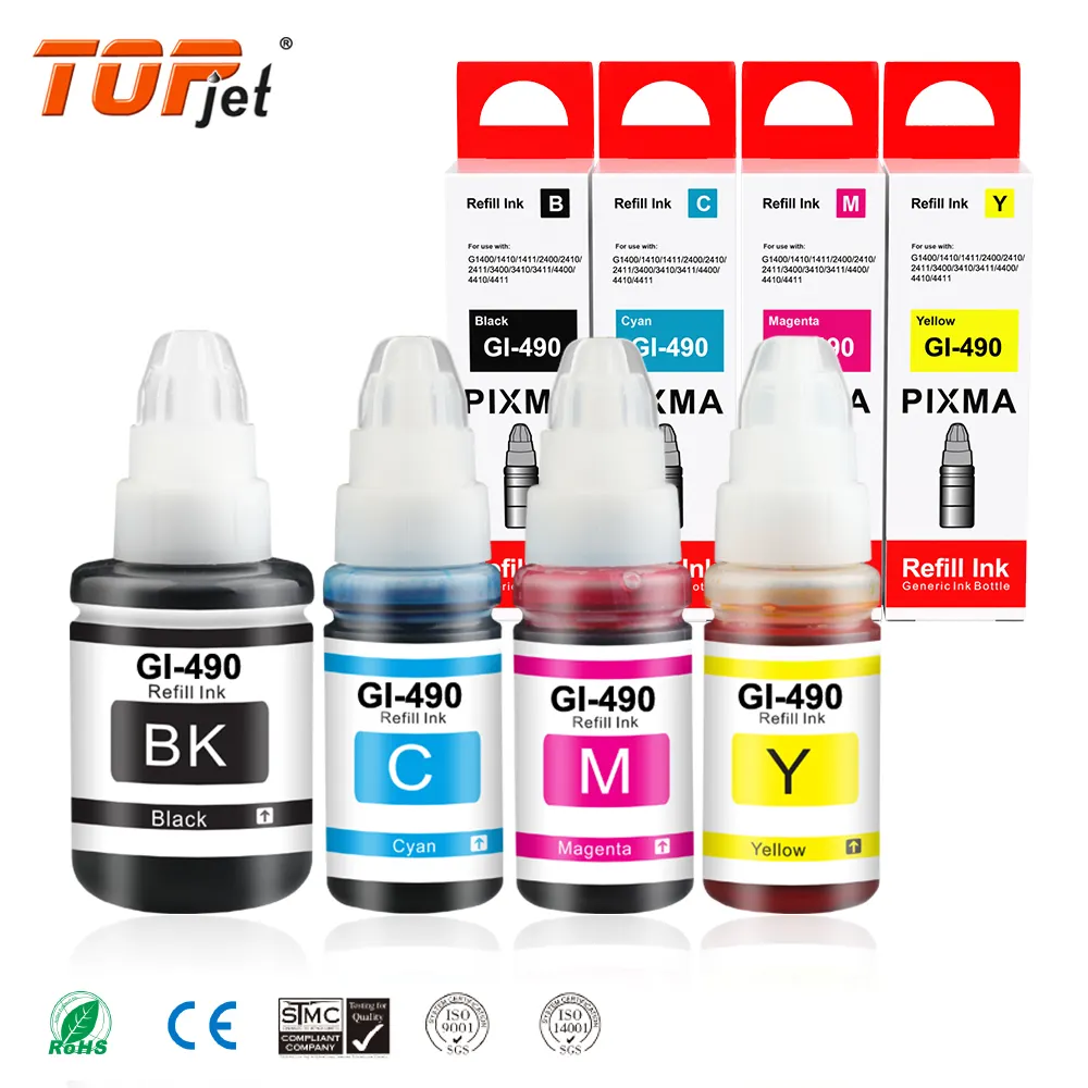 Topjet Cao Cấp GI-490 Gi490 Gi 490 Tương Thích Màu Nước Dựa Trên Chai Refill Mực Cho Canon Pixma G3411 G2410 G2411 Máy In