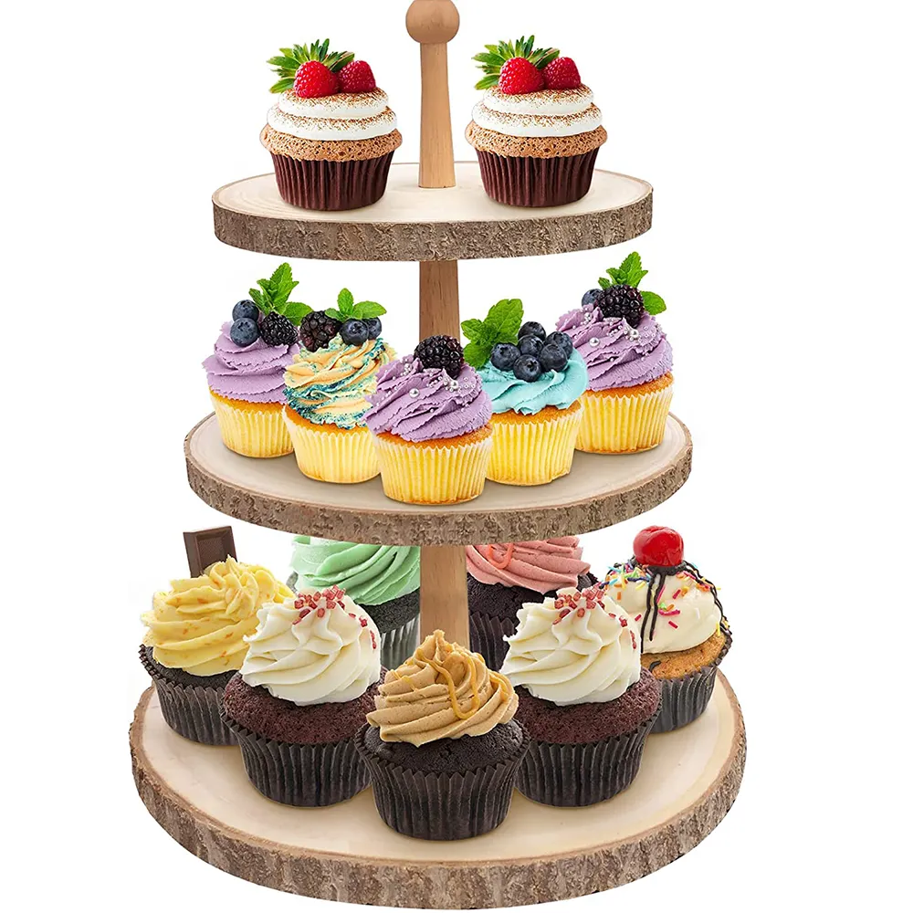 Soporte para cupcakes de 3 niveles, bandeja escalonada de madera, soporte rústico para cupcakes