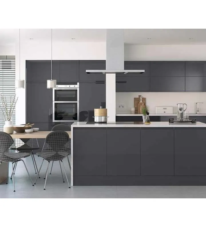 Set di mobili da cucina interi grigi moderni senza mano impiallacciati con verniciatura lucida