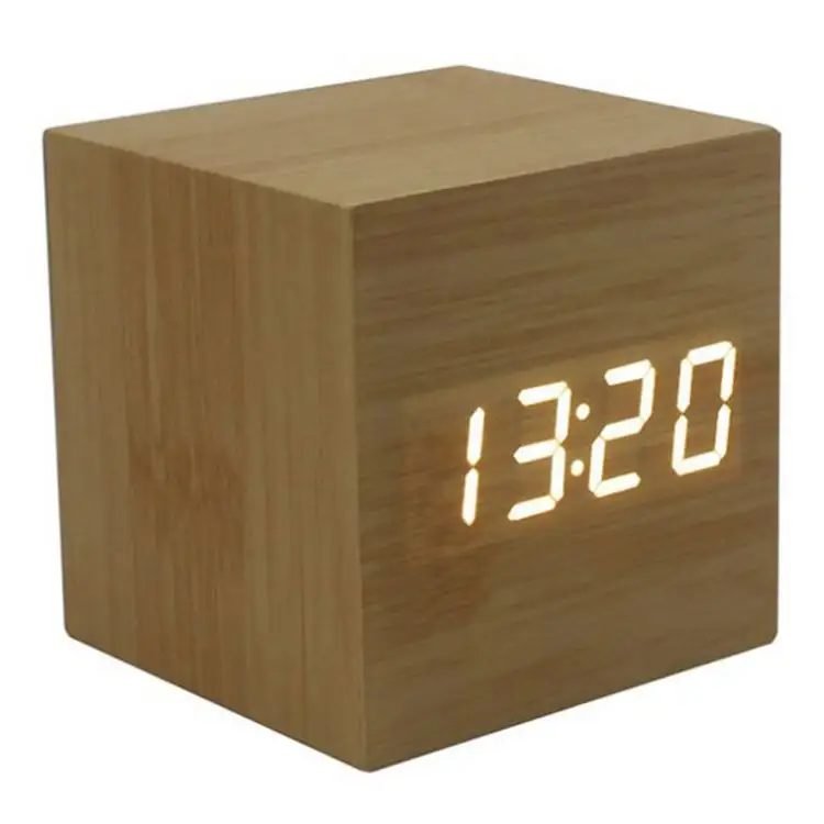 Horloge en bois Table de bureau carré bambou affichage de la température thermomètre à visage unique Led alarme en détresse Vintage jouet numérique
