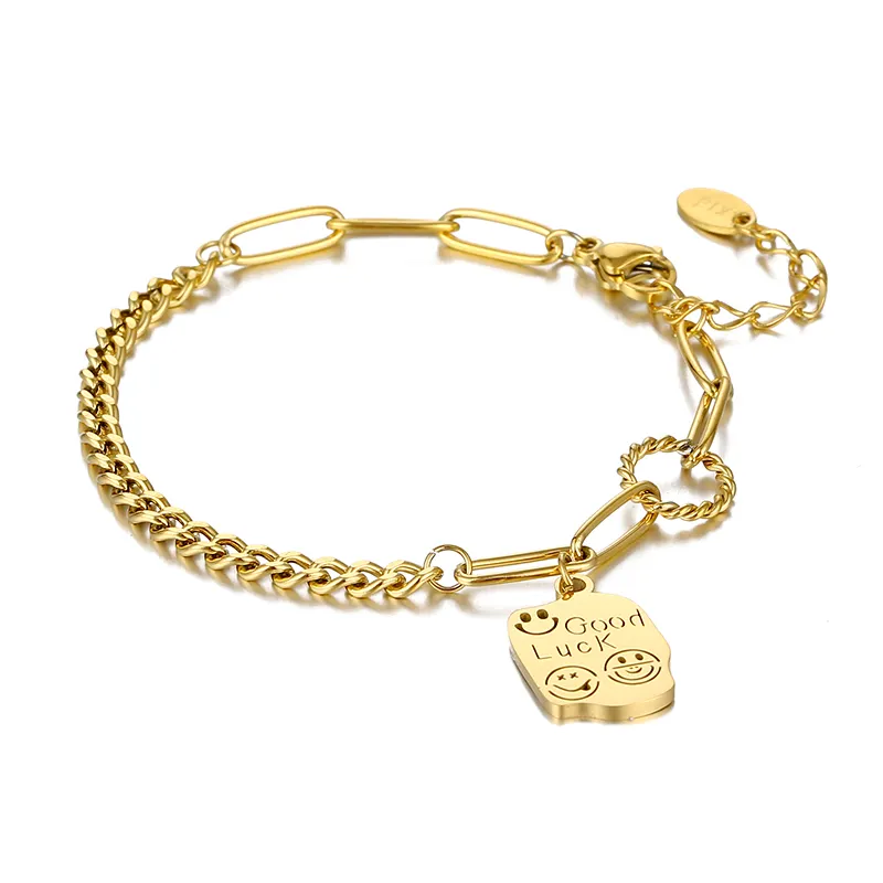 Commercio all'ingrosso personalizzato in acciaio inossidabile placcato oro 18 carati buoni gioielli fortunati braccialetto con ciondolo faccina sorridente sorriso felice per le donne