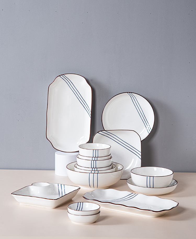 Nordic Ceramic Dinnerware Set Bowl Sauce Dish Plate Soup Spoon Gold Plating Dumpling Dish Porcelain Dinner Sets Tableware Sets