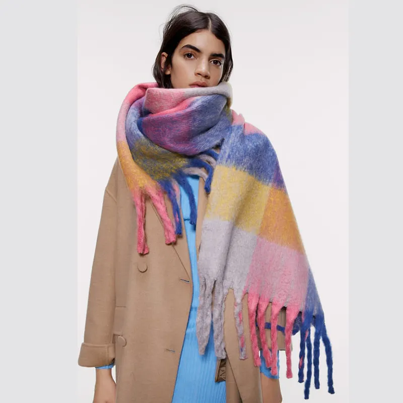 Lenço de inverno com borla, cachecol e lenço de caxemira colorido tecido e multiuso