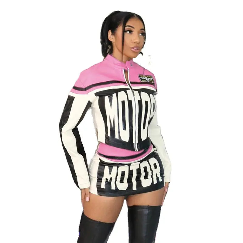 Ensemble de deux pièces pour femmes Moto & Biker Air Layer Impression Cool Girl Racing Style Zipper Tops Jacket + Mini Hip Skirt Suit