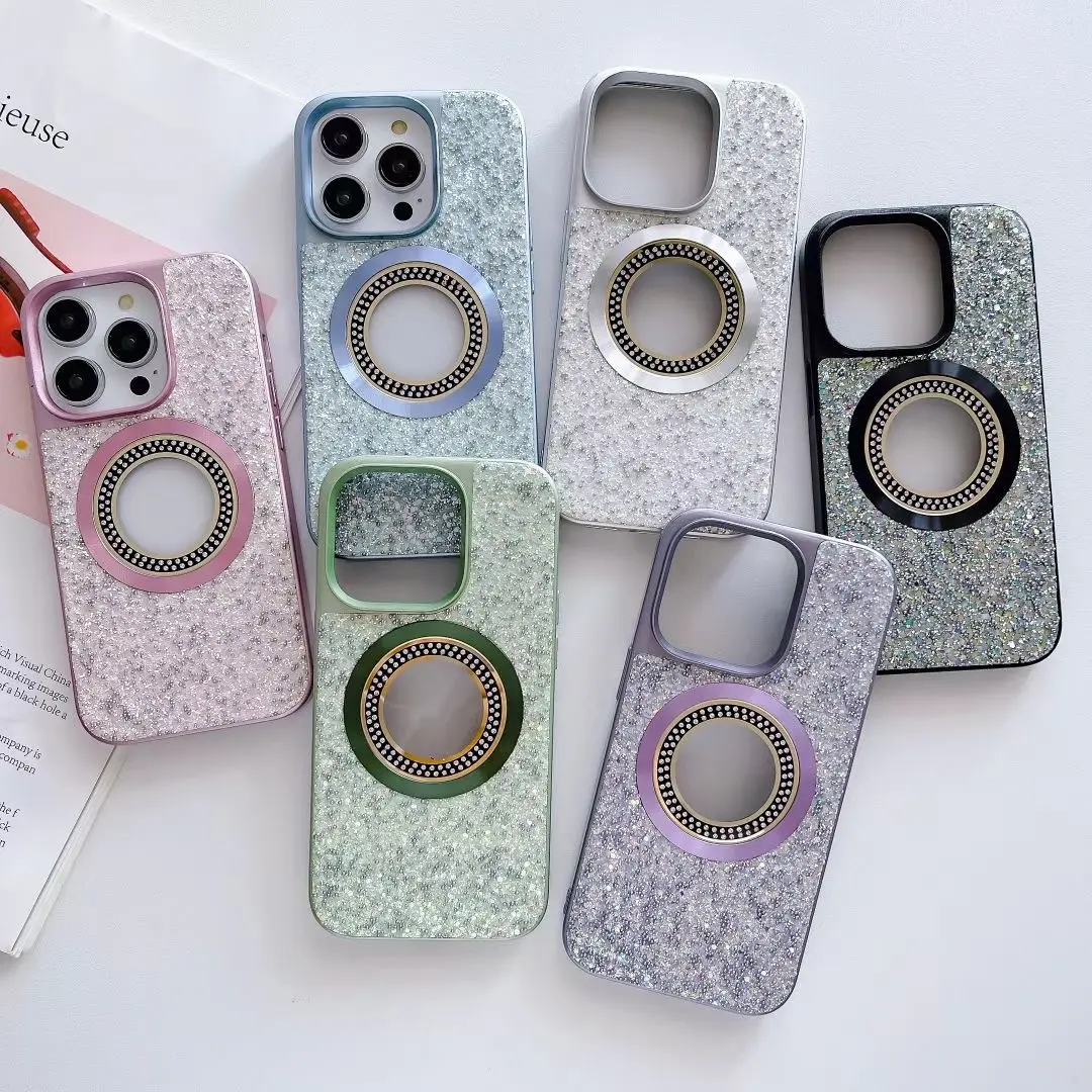 Fashion PC hollow magnetic bling diamond phone case for iPhone 11 12 13 14 15 pro max