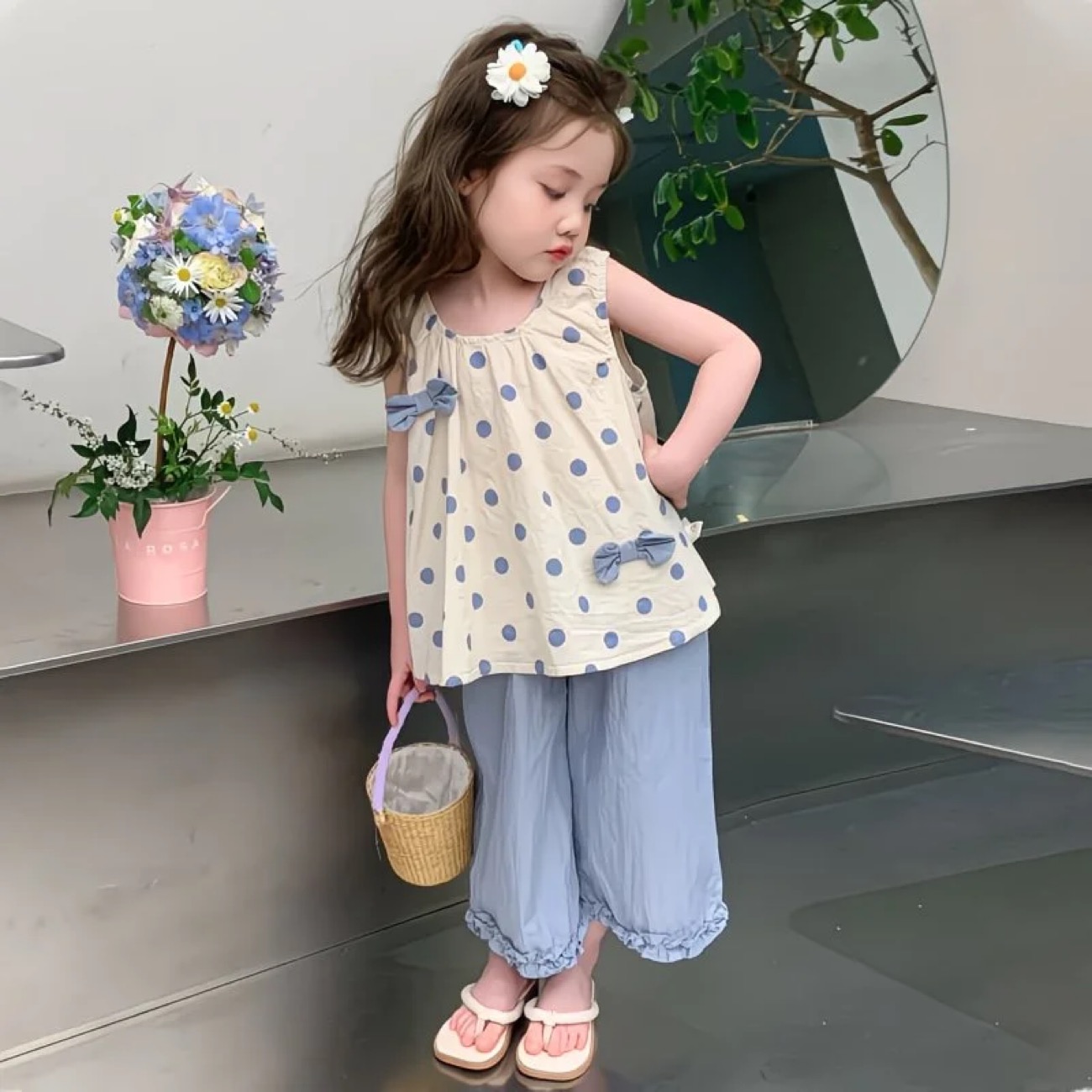 Gilet + pantalon à pois bleus