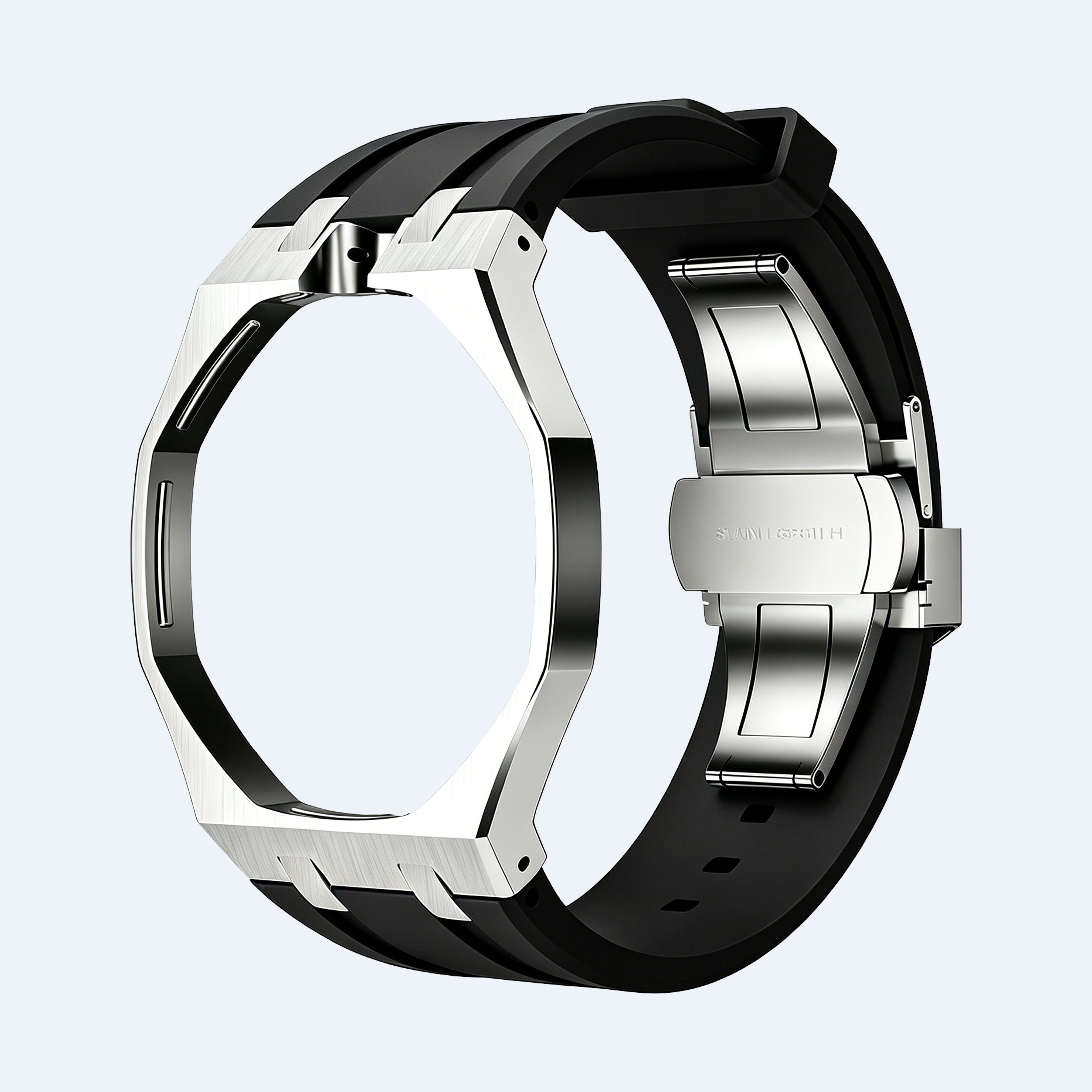 black rubber band+stainles steel watch case