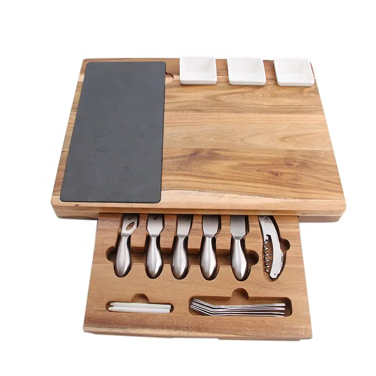 Acacia Wood Cutting Chopping Board With Cheese Tools,Cheese Board And Knife Set With Drawer With Big Size