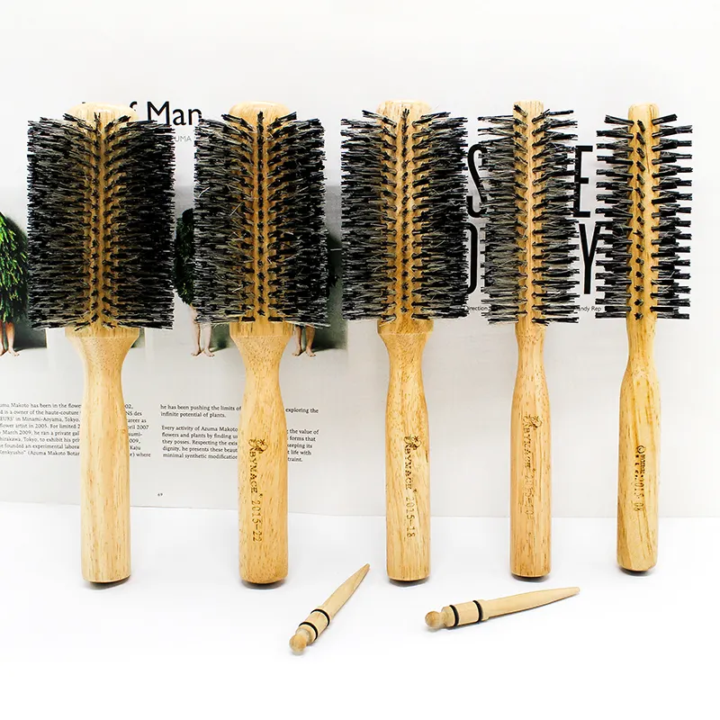 Cepillo redondo de pelo de cerdas de jabalí mixto de madera grande natural para salón de belleza con logotipo personalizado para secado por soplado