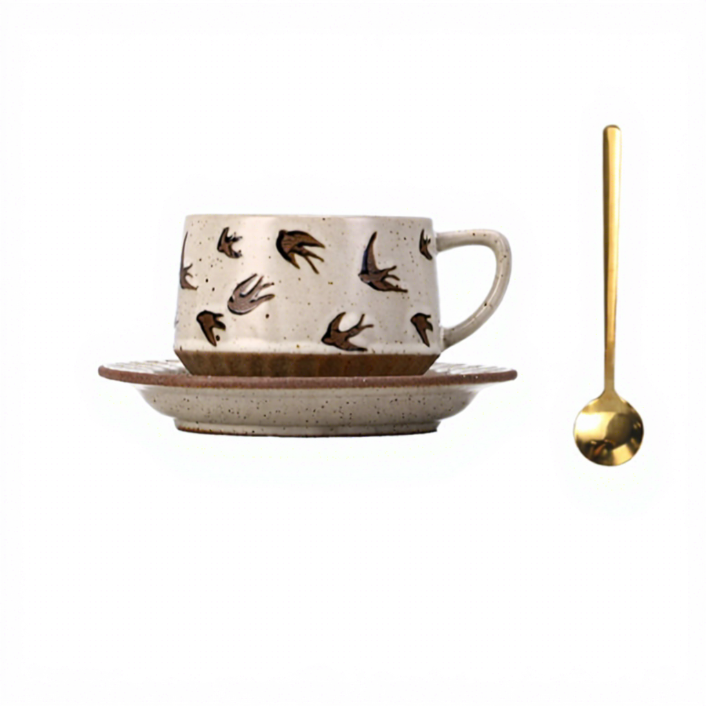 Juego de taza de café con forma de flor, plato y cuchara - Golondrina - 300ml