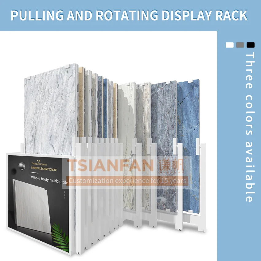 Tsianfan Metal Tile Sample Display Stand Wood Sintered Stone Marble Granite Tile Rack Display Standing Slide For Rotate Showroom