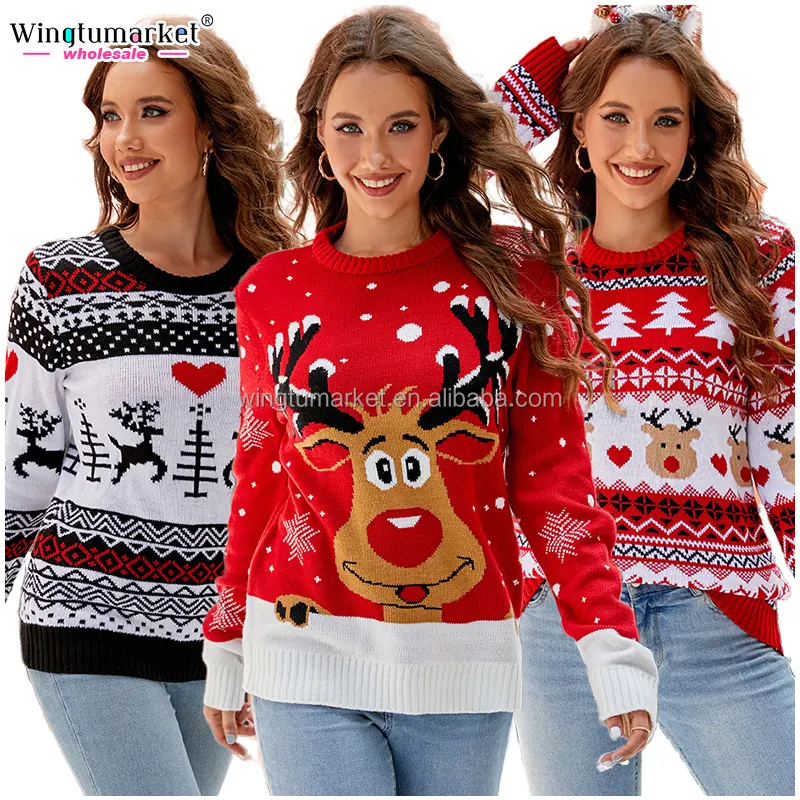 Navidad estilo copo de nieve patrón Jersey cuello redondo Santa árbol tejido Jersey suéter Navidad Reno jacquard suéteres