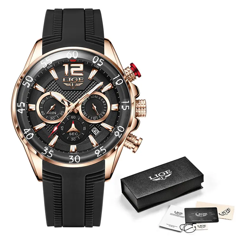 LIGE-Reloj de pulsera de silicona para hombre + caja, mejores marcas, de lujo, 30M, resistente al agua, informal, fecha automática, de cuarzo