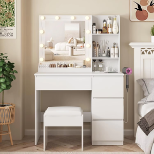 Makeup Vanity Desk Set <strong>with</strong> <strong>Mirror</strong> , <strong>Dressing</strong> <strong>Table</strong> <strong>Storage</strong> Lots <strong>with</strong> Power Strip, 3 Lighting Modes <strong>with</strong> Adjustable Brightness