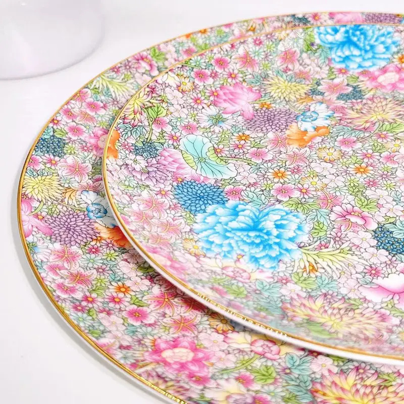 Produttore decorativo dipinto a mano fiore rosa dessert cena di lusso moderna porcellana piatti in ceramica set stoviglie