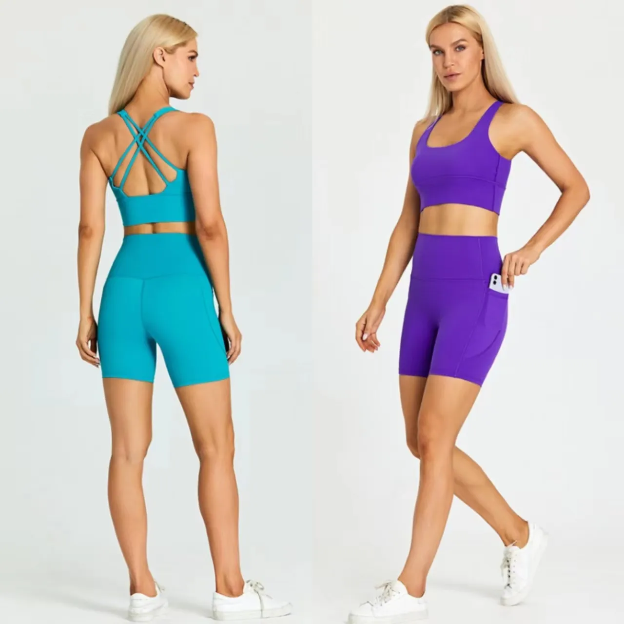 Conjunto de Yoga de talla grande para mujer, Sujetador deportivo con espalda cruzada, mallas de Yoga con bolsillo, pantalones cortos, 20 colores