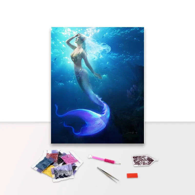 青い海の人魚のダイヤモンド絵画フルラウンドドリル写真ダイヤモンド刺Embroidery壁の装飾3D描画アート