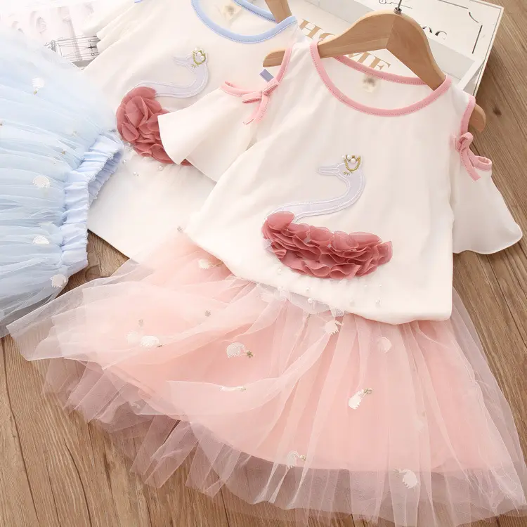 Swan cuentas T camisa y bordado gasa camisa de niños ropa de bebé de verano de las niñas vestidos