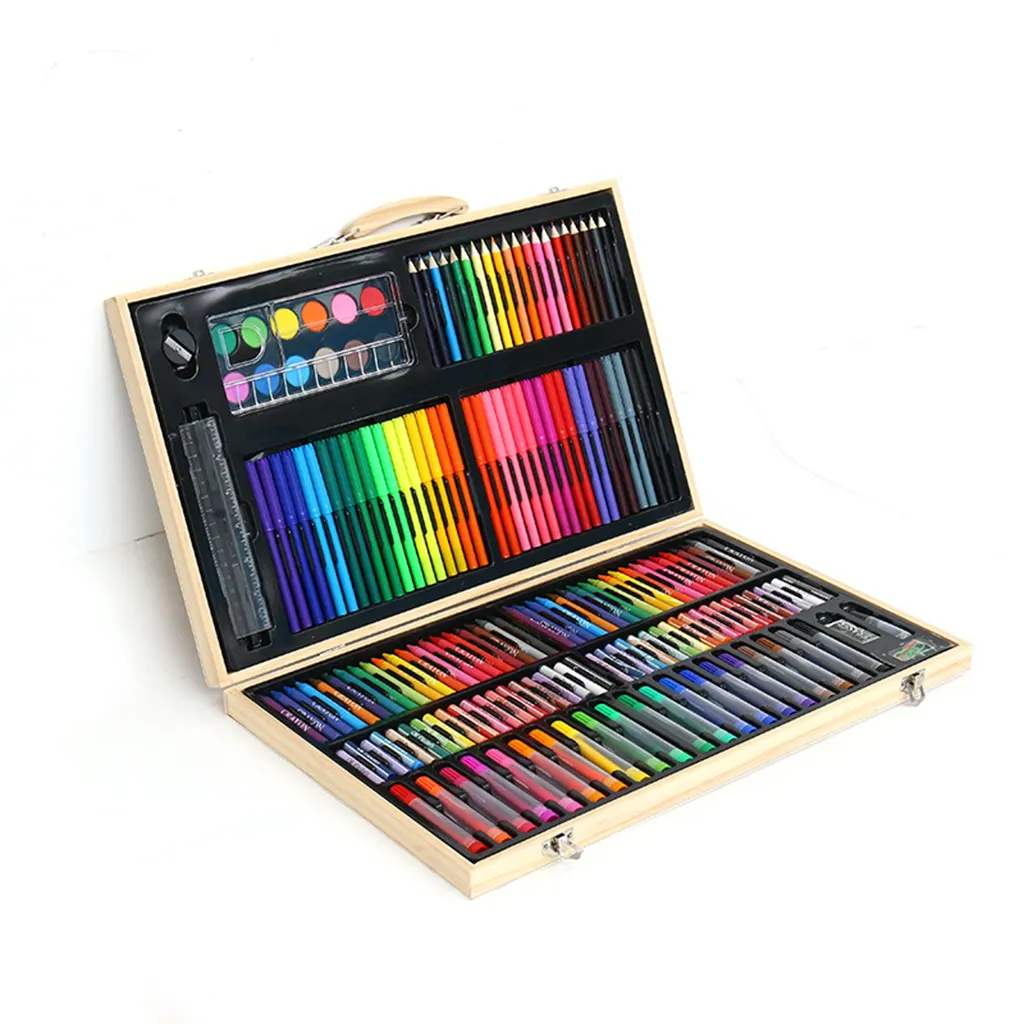 Holze tui Packbox Kinder Mal-Kits 180 Stück Zeichnung Kunst-Set mit Aquarell Stift Buntstift Öl Pastell Bleistifte für Kinder