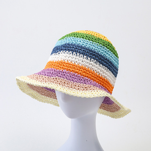 <strong>Rainbow</strong> Striped Crochet Bucket Hat Breathable Handmade Straw Beach Hat for Women - Product Image 4