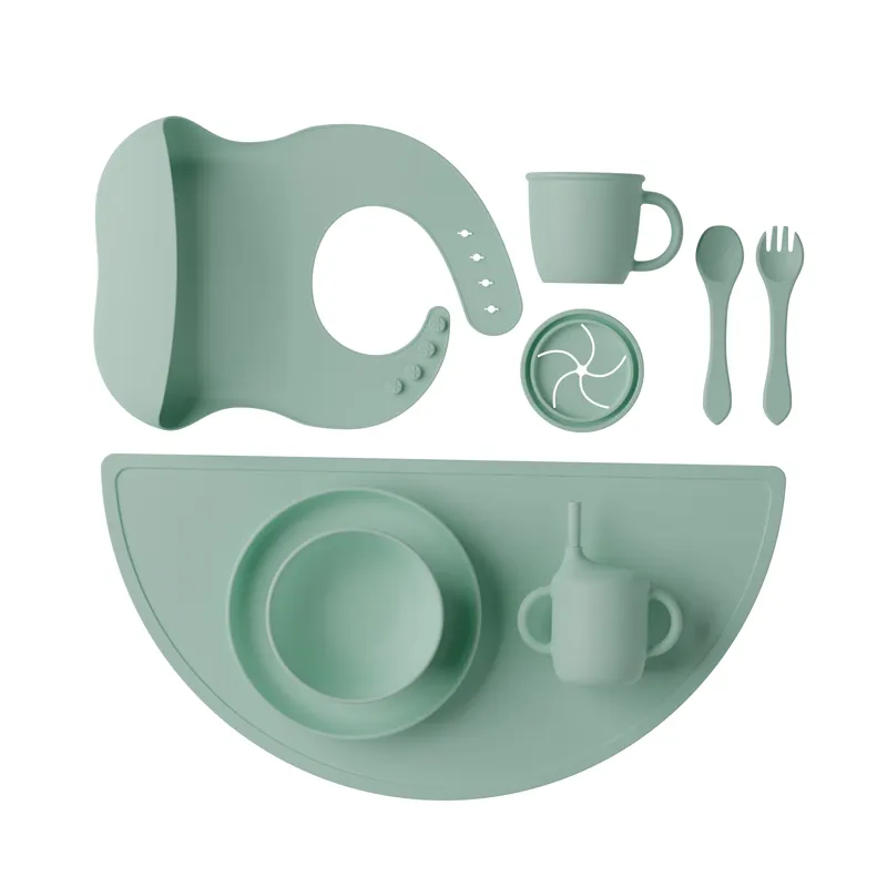Fubon all'ingrosso eco-friendly per l'alimentazione del bambino in silicone piastra set tazza di silicone bavaglino con forchette piastre per le vendite