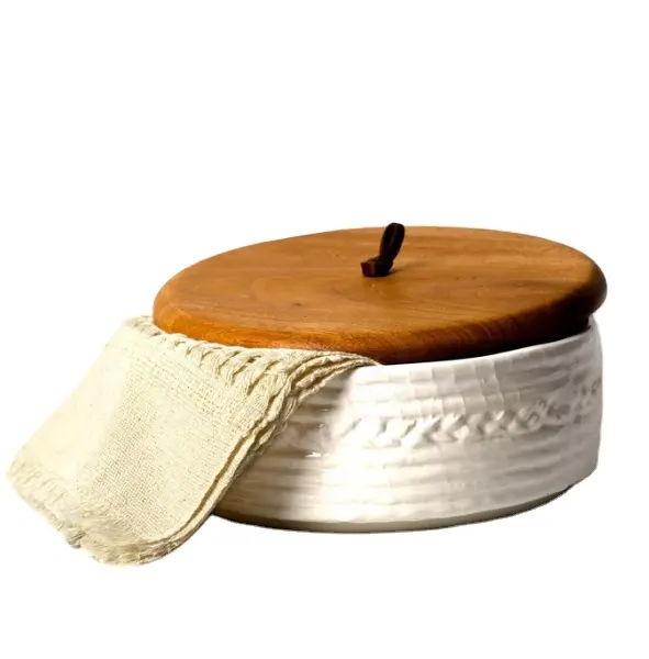 Calentador de tortillas de cerámica mexicano hecho a mano con tela de algodón, soporte Vintage para tortillas, soporte para tortitas texturizado con tapa de madera de acacia