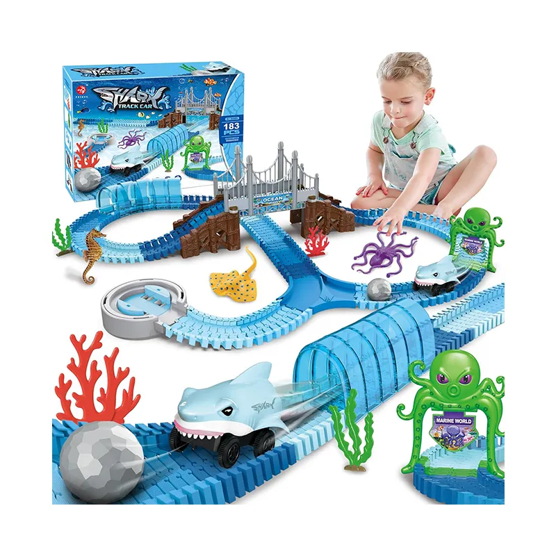 STEM Regalos de cumpleaños Ocean Theme Train Flexible Racetrack Cars Track Toys 183 Uds Shark Race Car Toys para niños y niñas