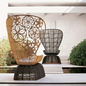 Silla de ala de diseño vintage moderno, marco de aluminio, respaldo alto con mimbre, ratán, exterior, Hotel, Villa, jardín, comedor, Material plástico