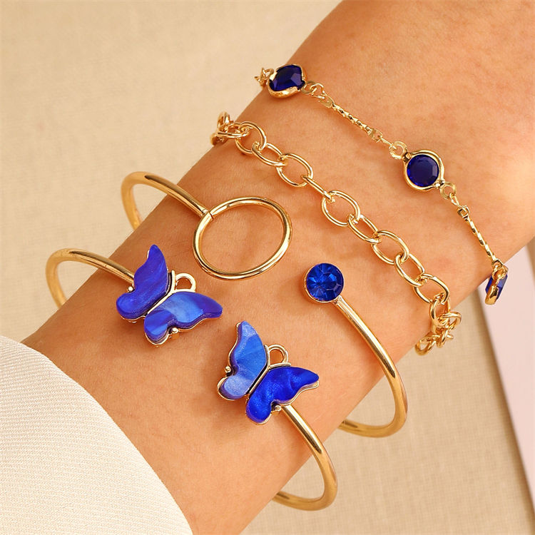 Green Blue Colorful Bracelets Set Stackable Chunky Cuban Chain Acrylic Butterfly Crystal Heart Boho Bracelets for Women
