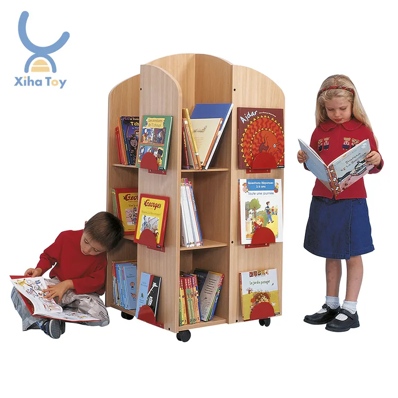 XIHA Montessori Wooden Bookshelf Shelves With Wheels Kids Book Display Stand Literacy With Toy Storage For Kindergarten