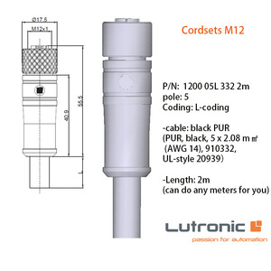 Actuator Sensor Cordset with Overmolded Circular Connector:M12 Female Straight L-coded, 4/5 Pole IP67 PUR 2m, 1200 05L 332 2m - Product Image 3
