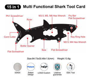 Accessoires porte-clés multifonctions personnalisés en acier inoxydable Outil multifonction en forme de poisson requin avec logo laser Porte-clés cadeau - Product Image 2
