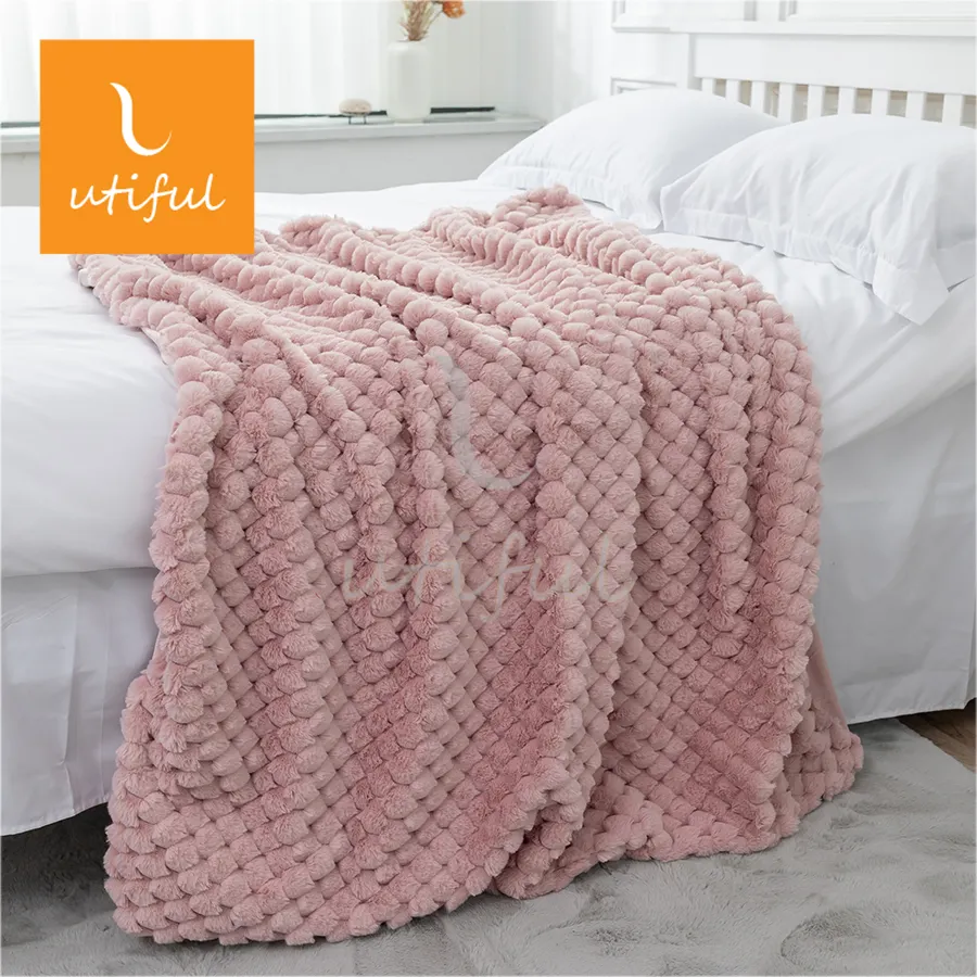 Di lusso in tinta unita rosa pompon jacquard shaggy coperta in pelliccia sintetica con visone in pile sul retro per la decorazione della casa