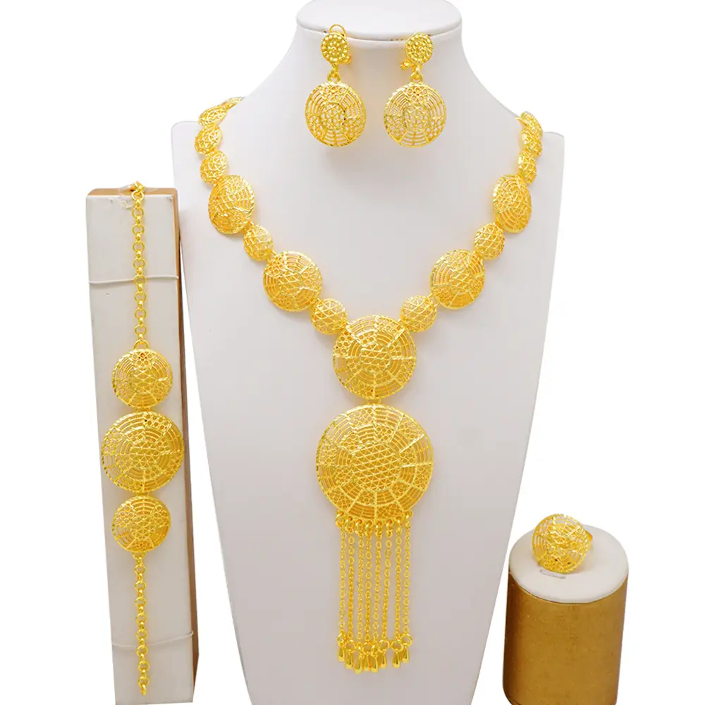 Conjunto de collar de borla larga de aleación de zinc galvanizado Dubai 24K oro novia banquete conjunto de lujo