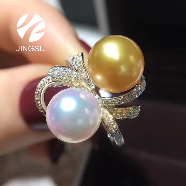 Nuevo diseño 18K oro boda akoya japonés perlas cultivadas de mezcla de color dorado natural del Mar del Sur anillo para mujer diamante regalo fiesta