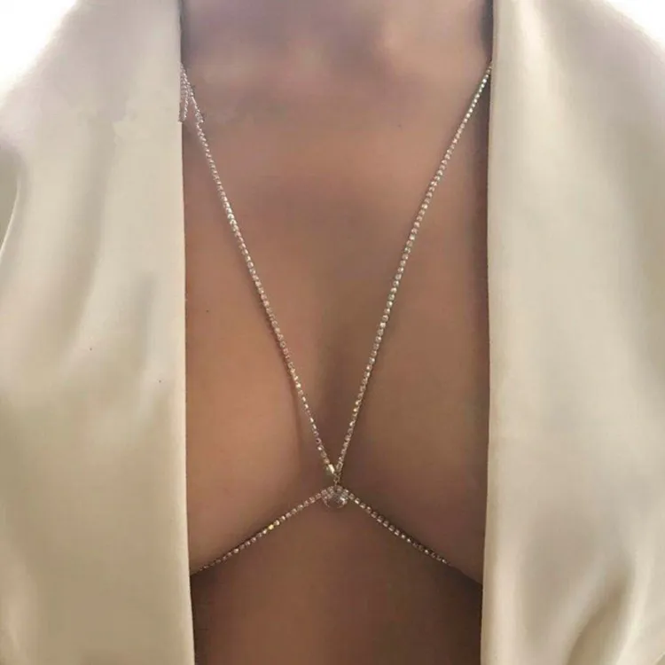 2024 mode Sexy diamant Bikini corps chaîne strass soutien-gorge discothèque luxe bijoux fins colliers brillant poitrine chaîne pour les femmes