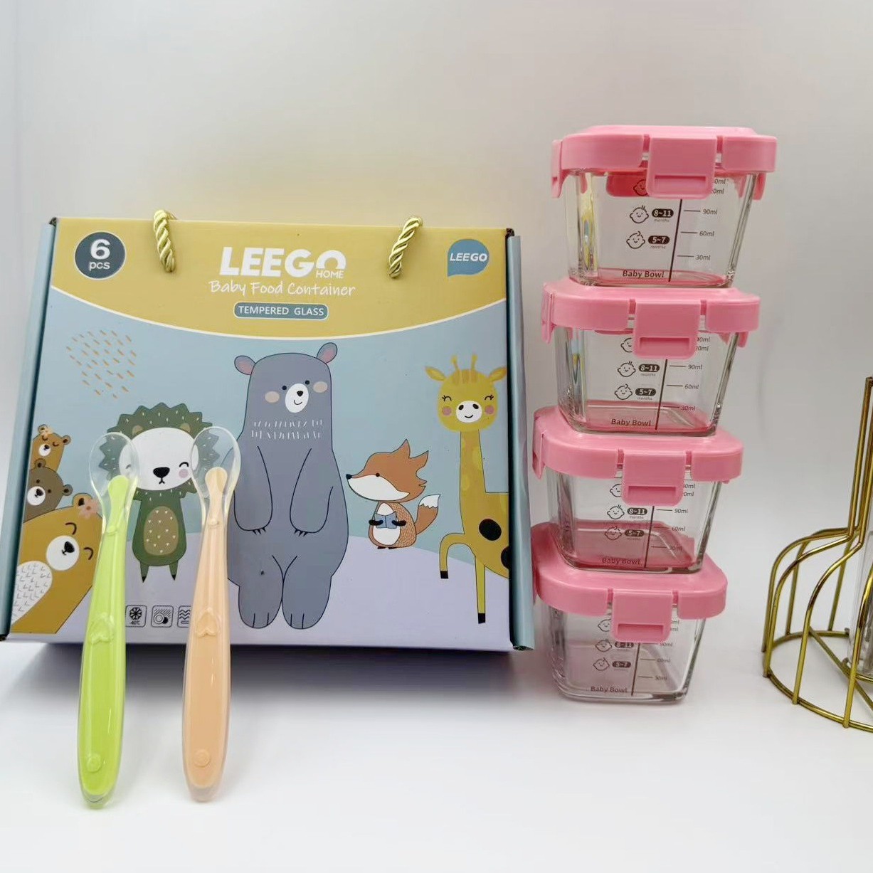 four-piece set, no silicone, six-piece square lid, pink, barbie