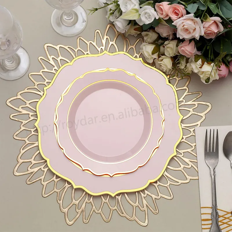 Platos de ensalada de postre de plástico dorado, vajilla redonda con placa de carga de borde festoneado dorado para boda