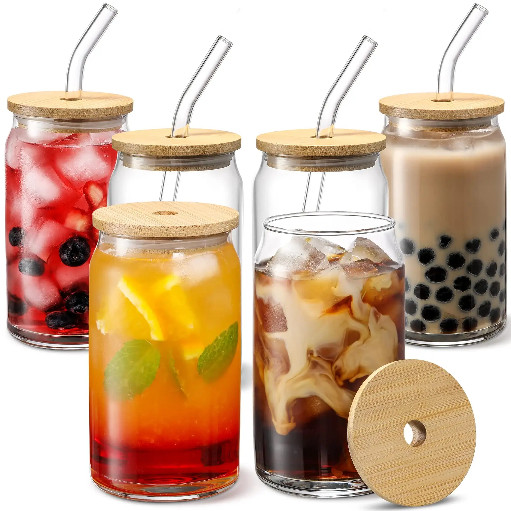 Caneca de vidro personalizada para chá, xícara de café do vidro em formato de lata de cerveja 16oz com tampa de bambu e palha