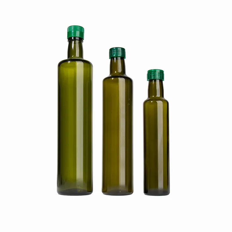Großhandel 100-1000 ml transparentes dunkelgrünes rundes leeres Glas Olivenölflasche mit Deckel Ölverteiler